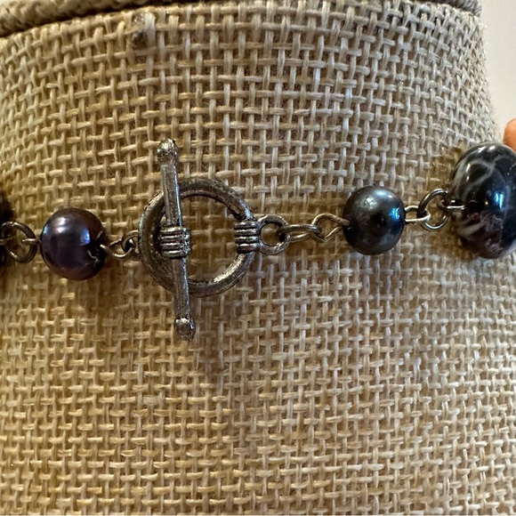 Multi Gemstone Genuine Necklace w/ black baroque pearls, Silver tone w/ toggle - Picture 11 of 11